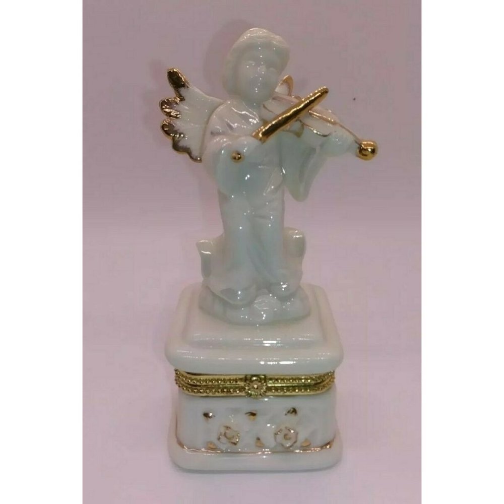 Vintage Angel With Violin Trinket Box Porcelain Gold Trim